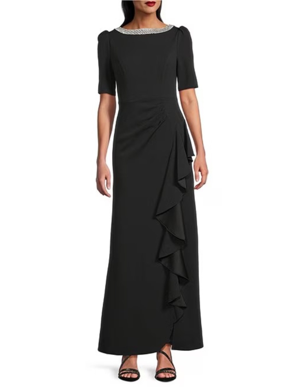 Black crepe embellished short sleeve ruffle cascade A-line long gown worn once.
